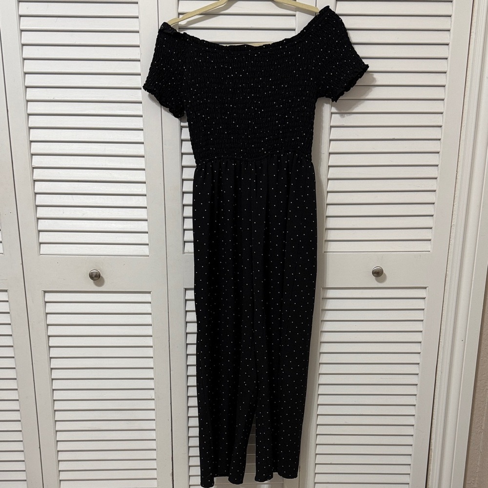Xhilaration Black Off-Shoulder Jumpsuit with White Dots